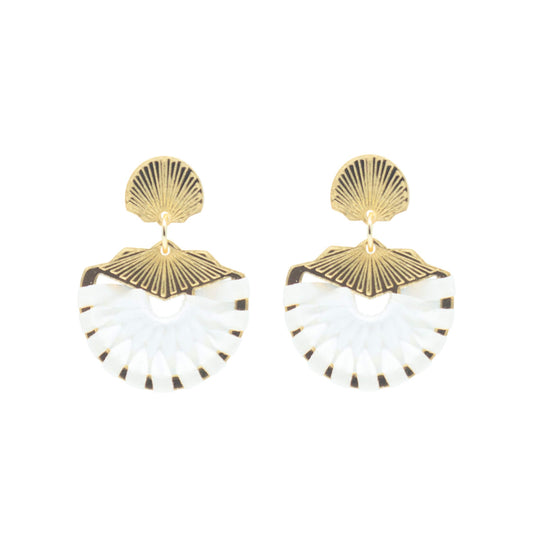 Shell bridal drop earrings on white background