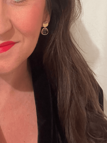 Close up model wearing dainty earrings