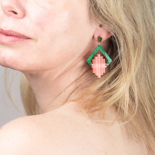 Art Deco Pop Earrings -Green & Pink
