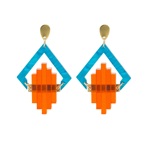 Turquoise and orange art deco jewellery - bold geometric statement earrings by Hélène Elisabeth
