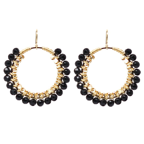 Ink black agate drop hoop earrings, gold plated, Jeux de Lumière collection by Hélène Elisabeth