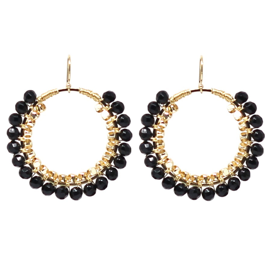 Ink black agate drop hoop earrings, gold plated, Jeux de Lumière collection by Hélène Elisabeth