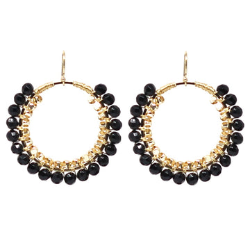 Ink black agate drop hoop earrings, gold plated, Jeux de Lumière collection by Hélène Elisabeth