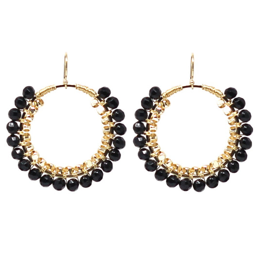 Ink black agate drop hoop earrings, gold plated, Jeux de Lumière collection by Hélène Elisabeth