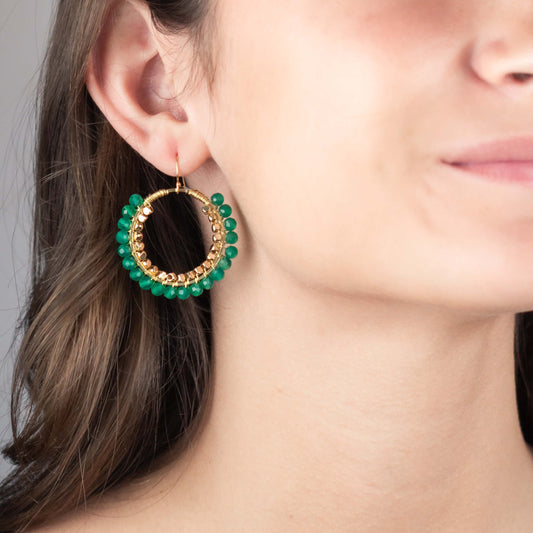 Emerald green agate drop hoop earrings, gold plated, worn my model