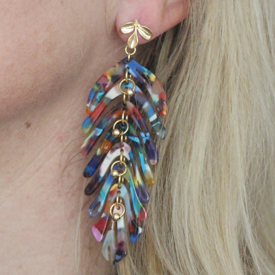 Close-up of Tutti Frutti colourful leaf earrings on ear, hypoallergenic, nickel-free & featherlight, by Hélène Elisabeth