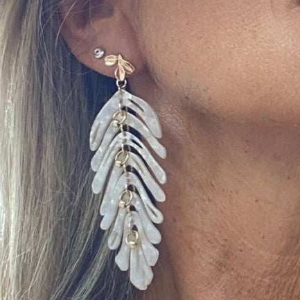 Close-up of pearl white leaf earrings on ear, hypoallergenic, nickel-free & featherlight, by Hélène Elisabeth