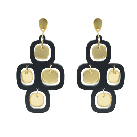Mirror Pavés Statement Earrings – Black & Gold