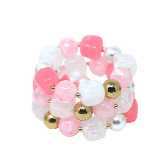Three lemonade pink statement beaded bracelets stacked, gold plated, Douceur Acidulée collection by Hélène Elisabeth