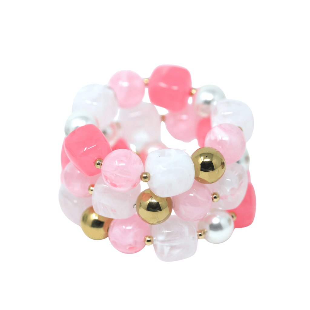 Three lemonade pink statement beaded bracelets stacked, gold plated, Douceur Acidulée collection by Hélène Elisabeth