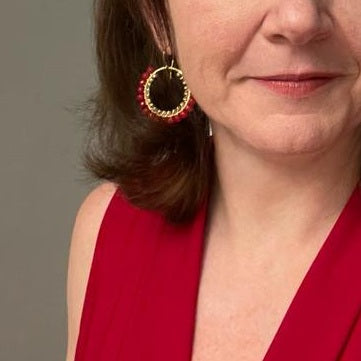 Jade Drop Hoop Earrings – Gold Plated – Cherry Red - Worn by customer