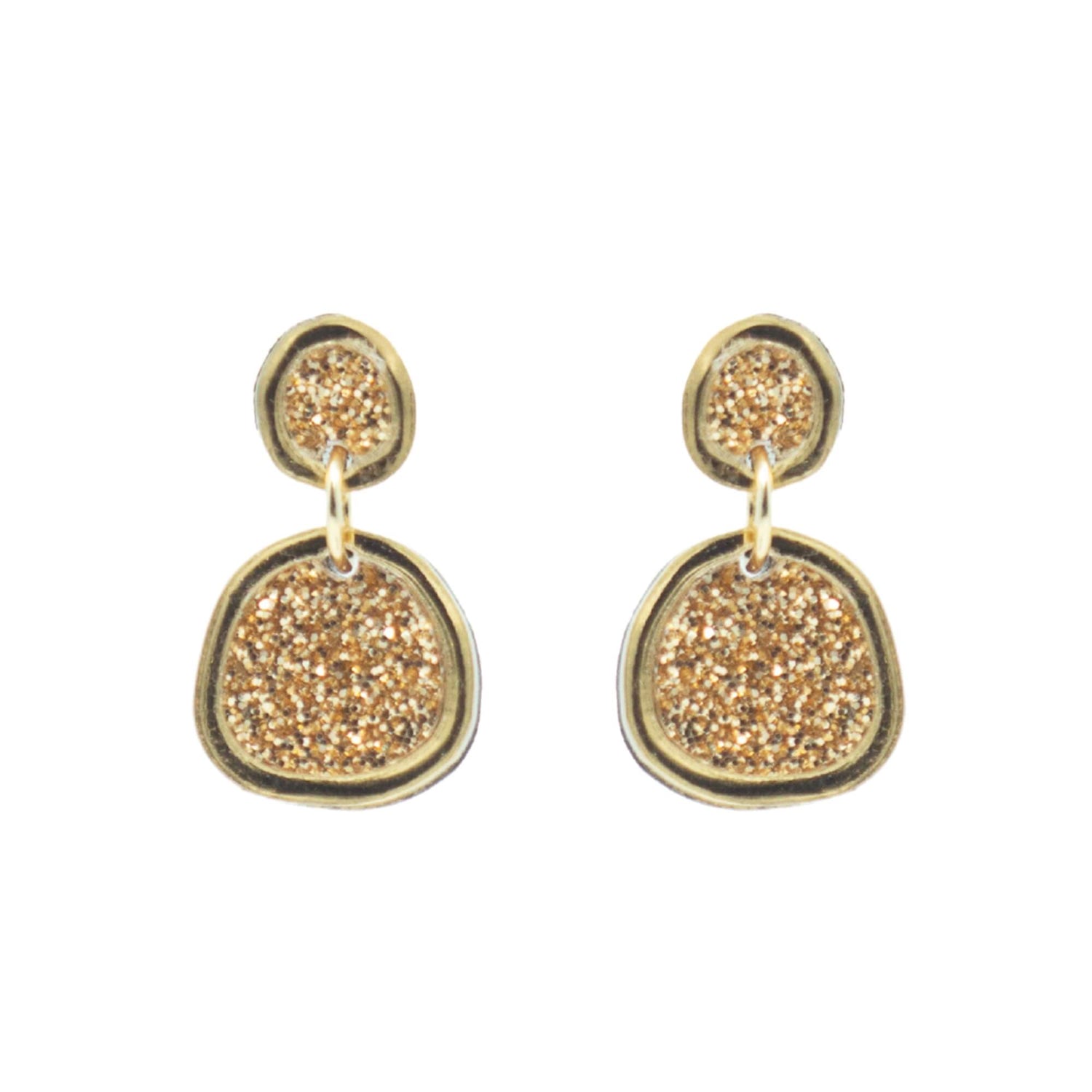 Shimmering gold small drop earrings on white background