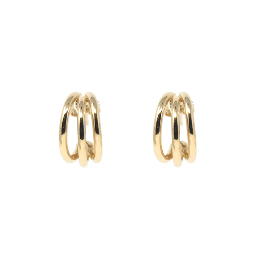 Small gold hoop earrings Trinity design with triple hoop detail, lightweight and elegant