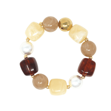 Statement Beaded Bracelet in Chestnut Cream, gold-plated with tortoiseshell, marbled cream and pearl beads, laid flat on a white background.