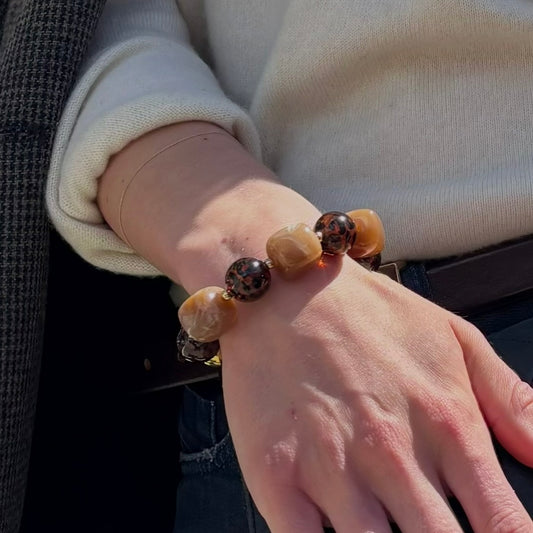 Statement Beaded Bracelet – Gold Plated – Leopard Brown