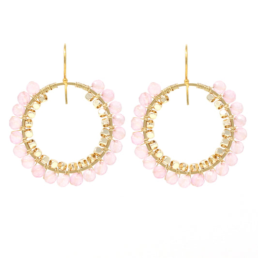 Blush pink jade drop hoop earrings, gold plated, Jeux de Lumière collection by Hélène Elisabeth