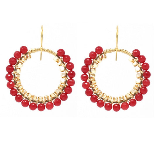Cherry red jade drop hoop earrings, gold plated, Jeux de Lumière collection by Hélène Elisabeth